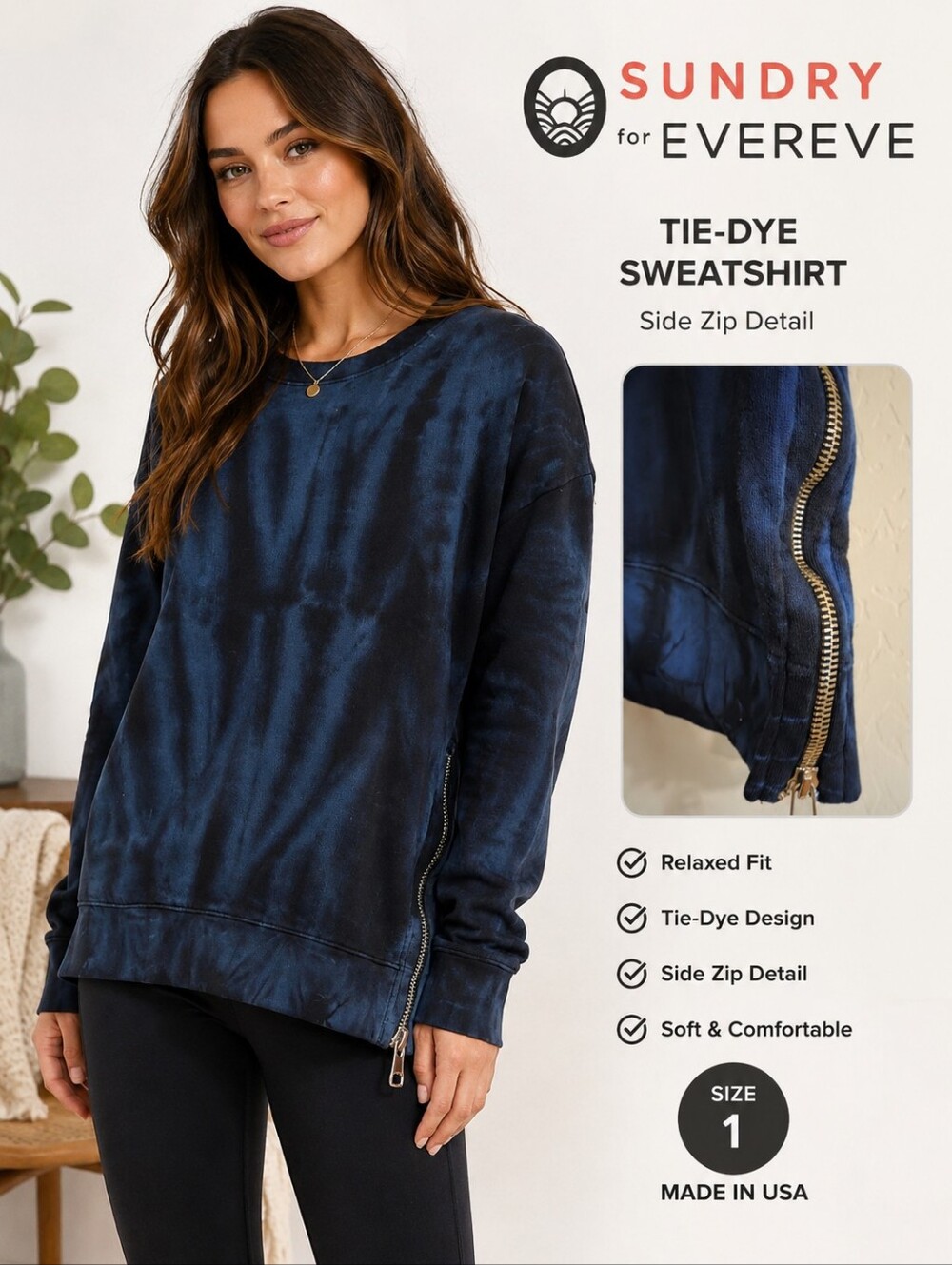Sundry For Evereve Black & Blue Tie-Dye Crewneck Sweater with Side Zipper